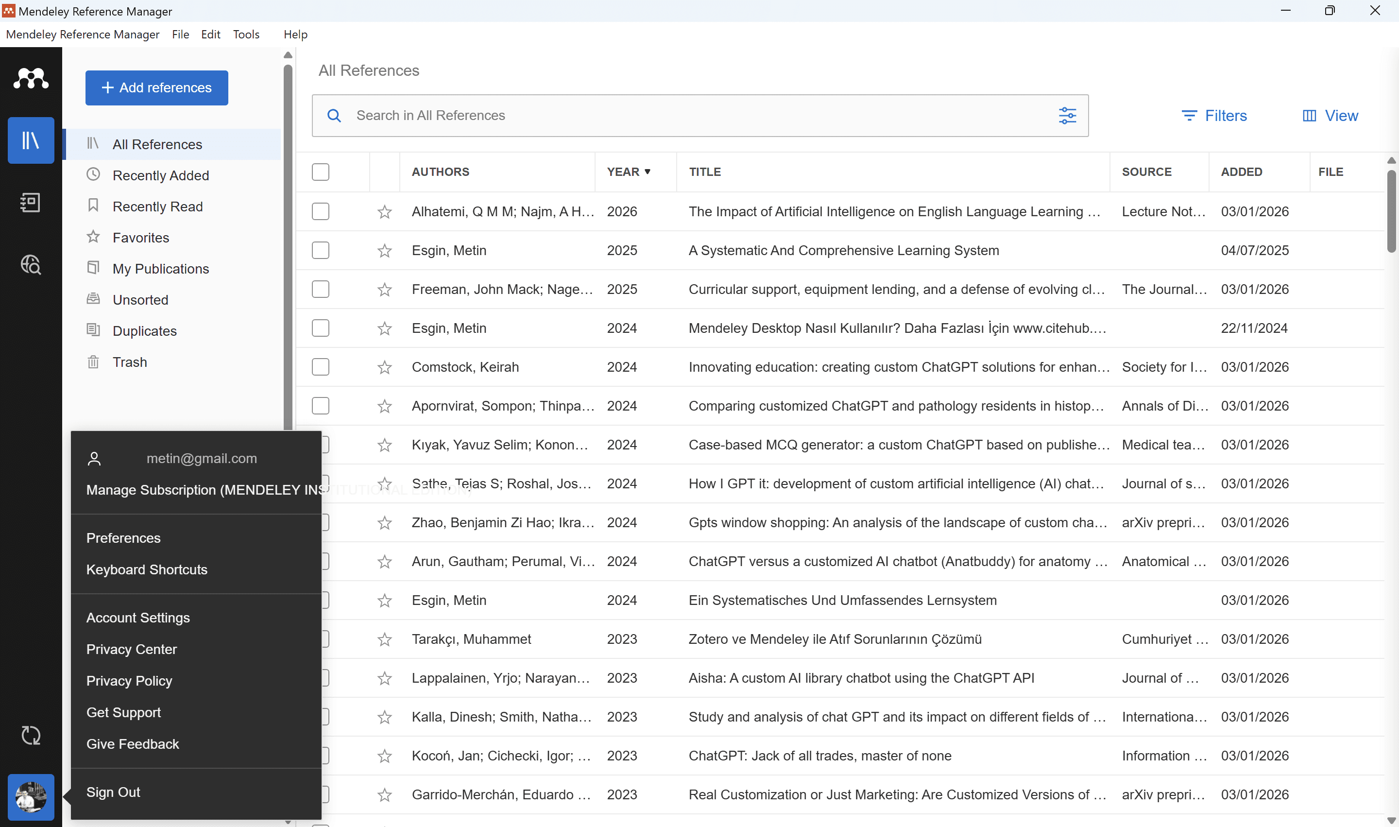 Mendeley — account menu