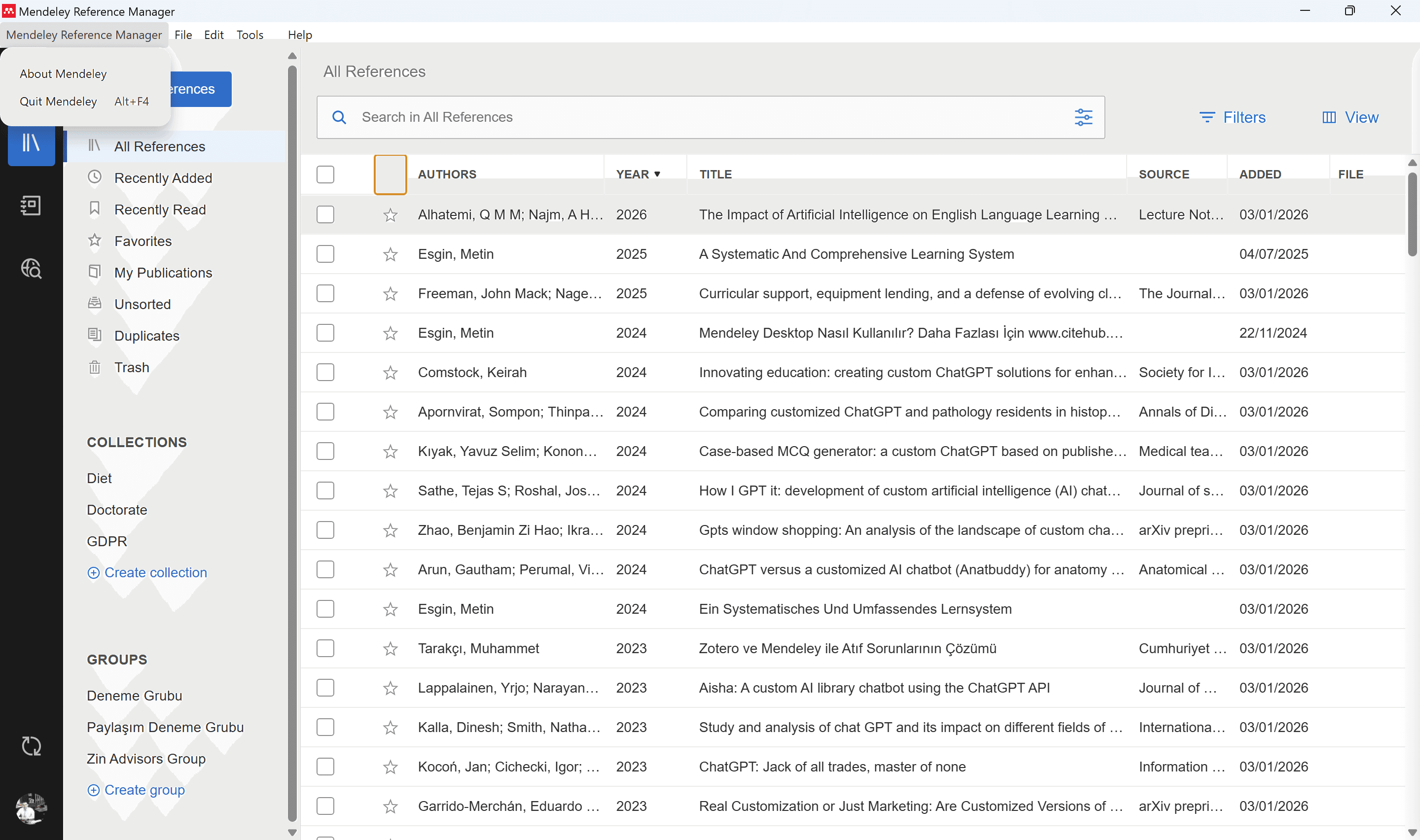Mendeley Reference Manager — application menu open