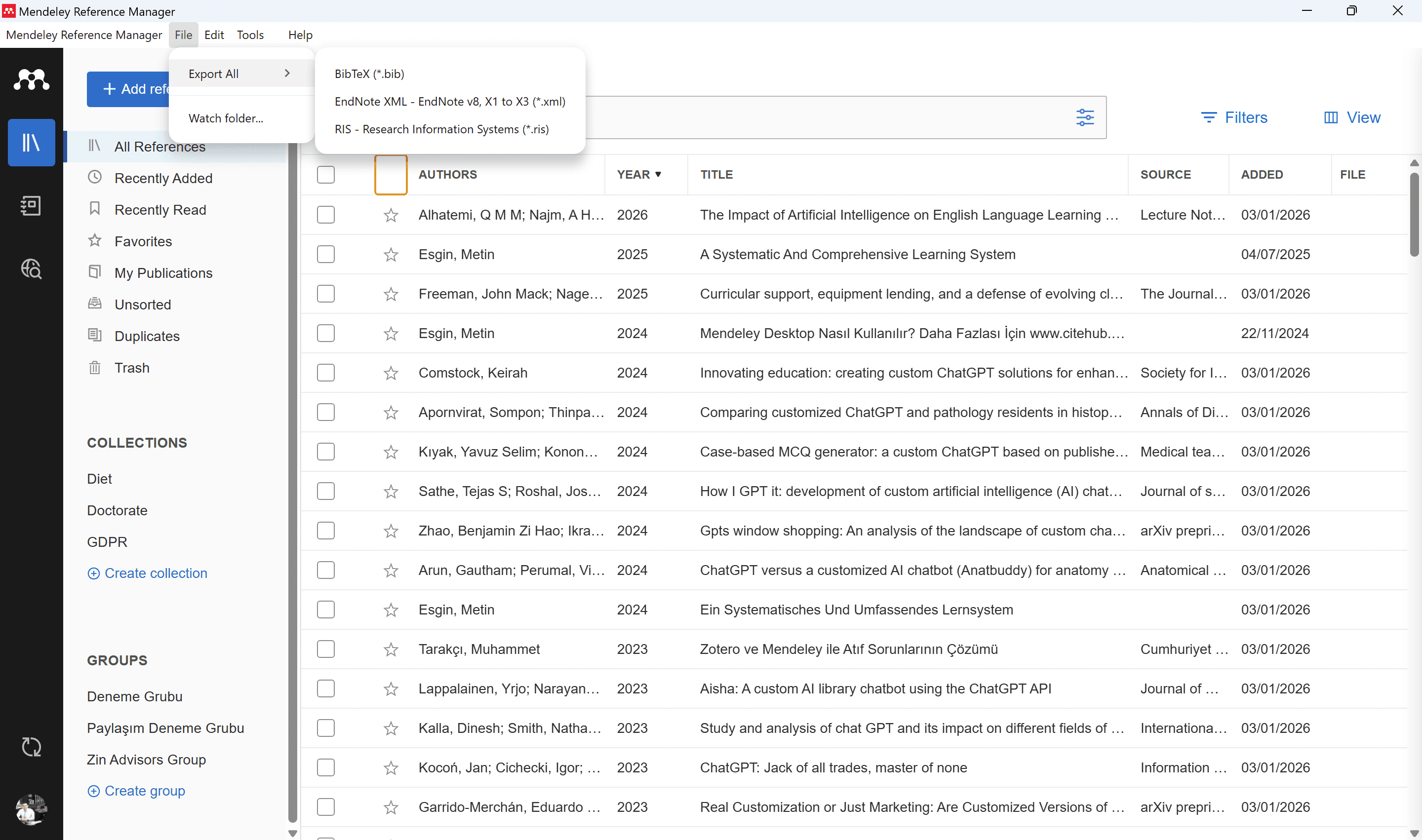 Mendeley — File menu with Export All submenu