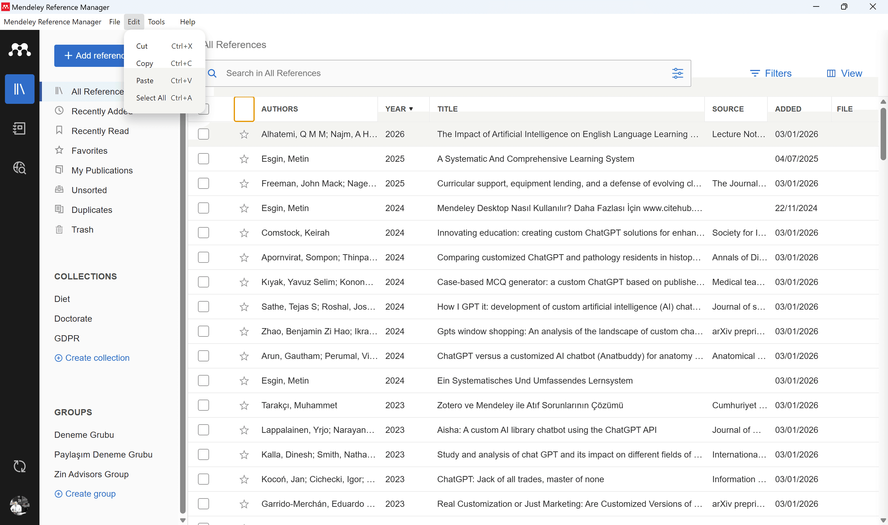 Mendeley — Edit menu