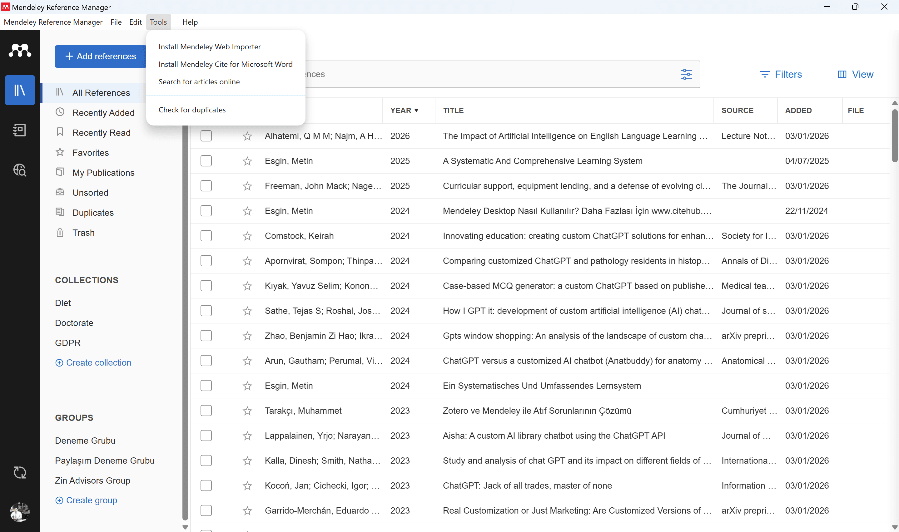 Mendeley — Tools menu