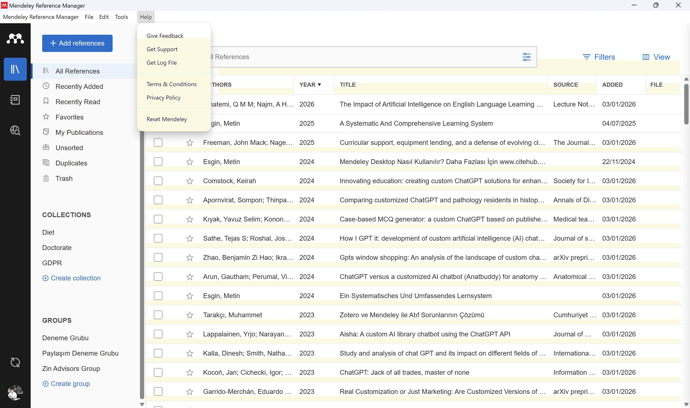 Mendeley — Help menu