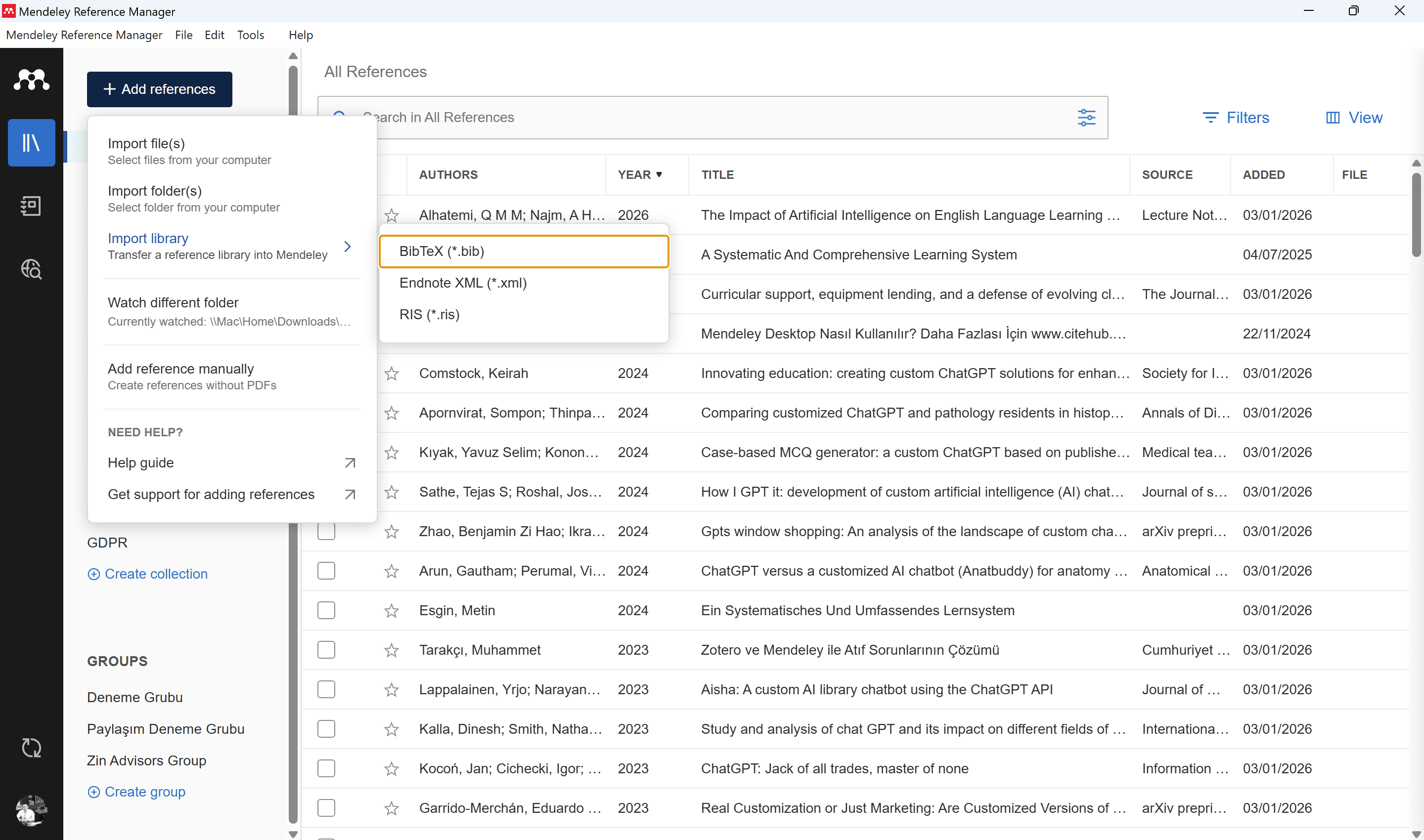 Mendeley — Add references menu with Import library submenu