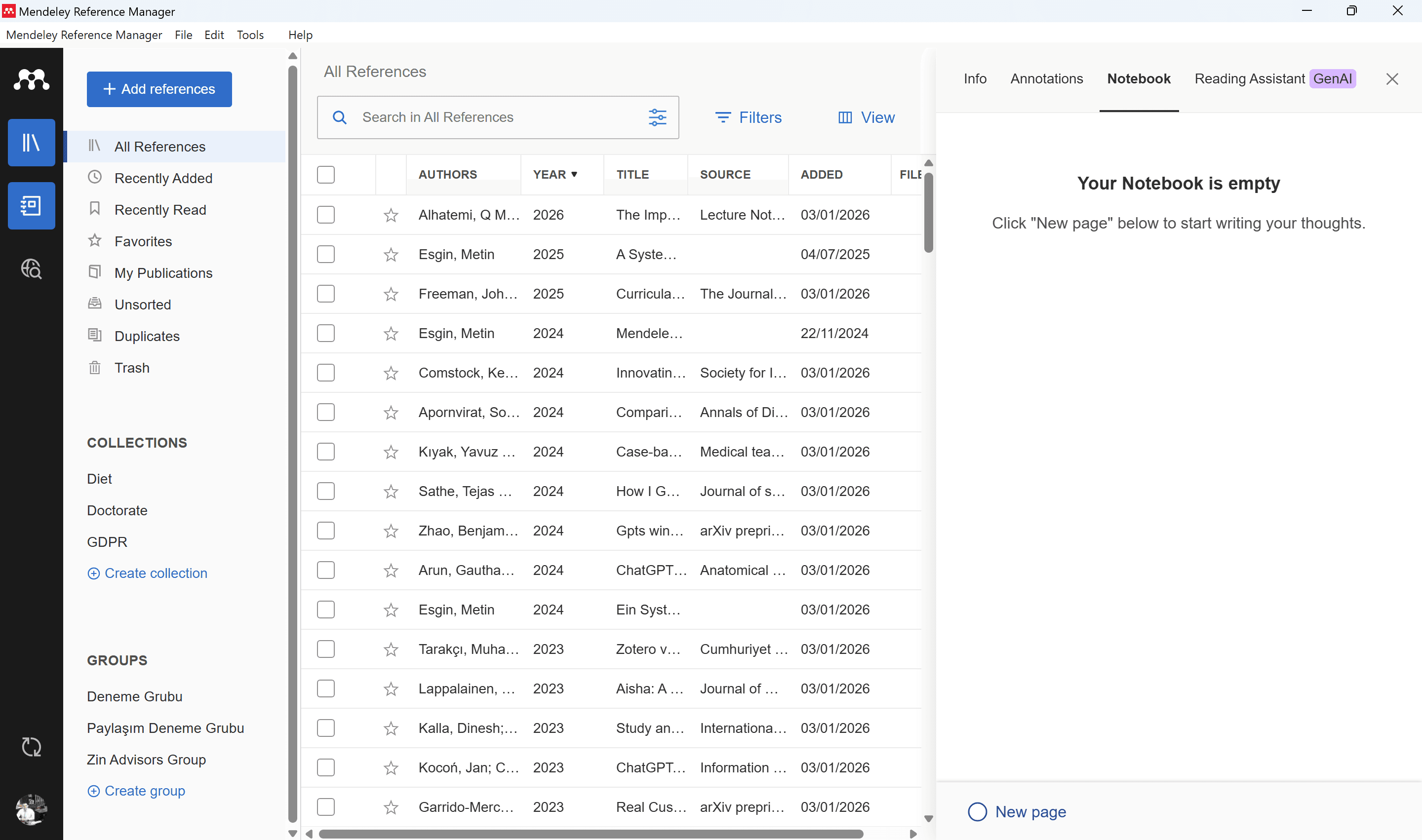 Mendeley — Notebook panel