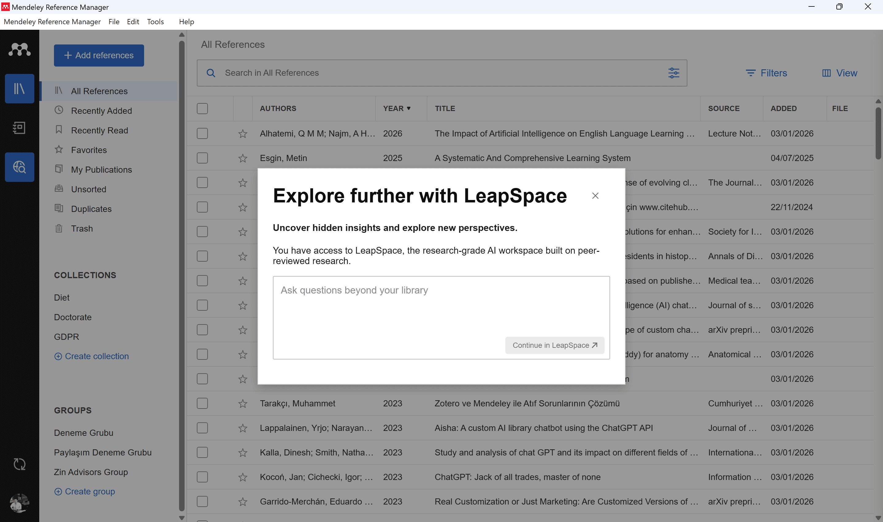 Mendeley — LeapSpace dialog